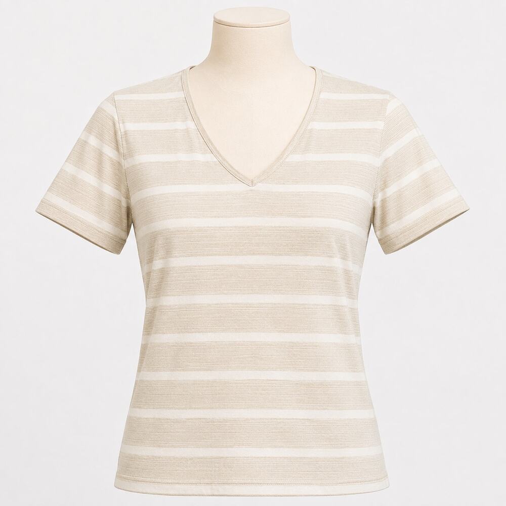 Club Monaco Beige Striped V-Neck T-Shirt Women's Large 100% Cotton Short Sleeve
